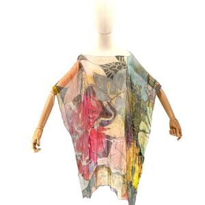 Vintage 90s Abstract Botanical 100% Silk Painterly Boho Art Gallery Poncho